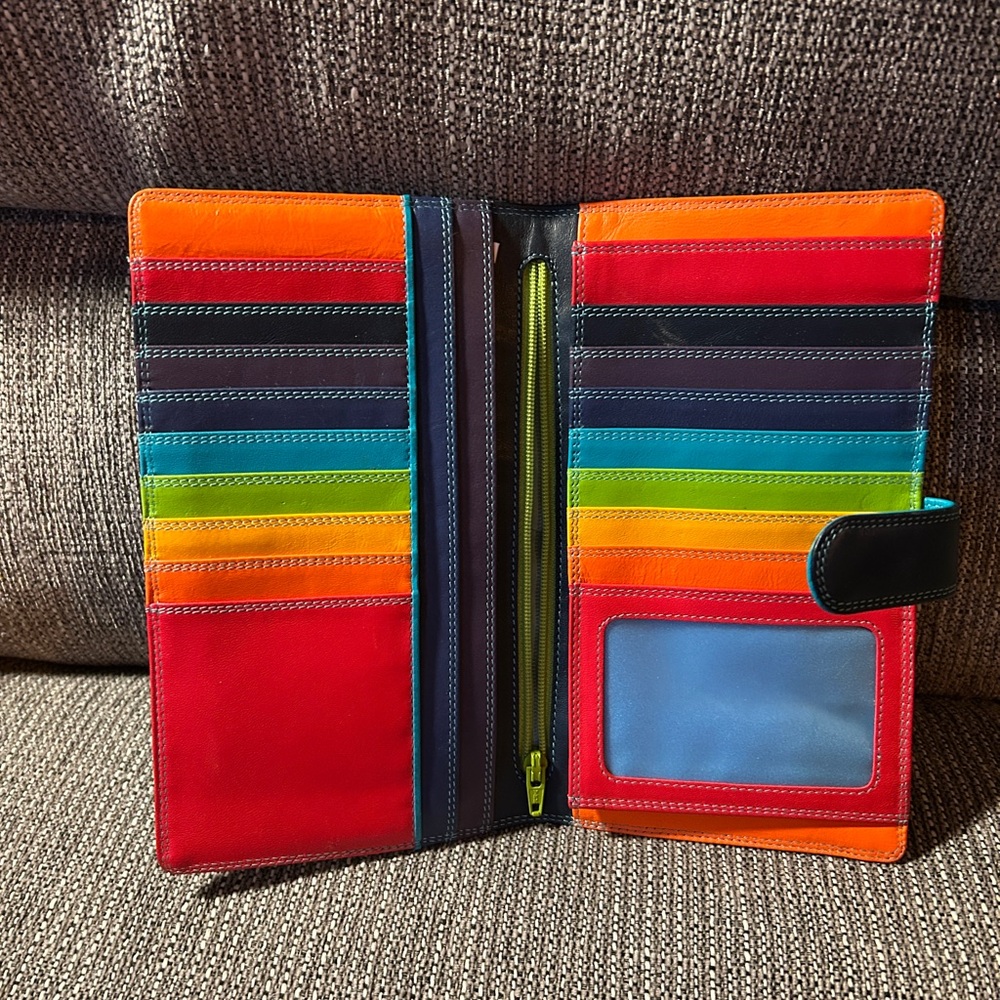 Leather Travel Wallet with Snap Closure - Black with Teal Stitching